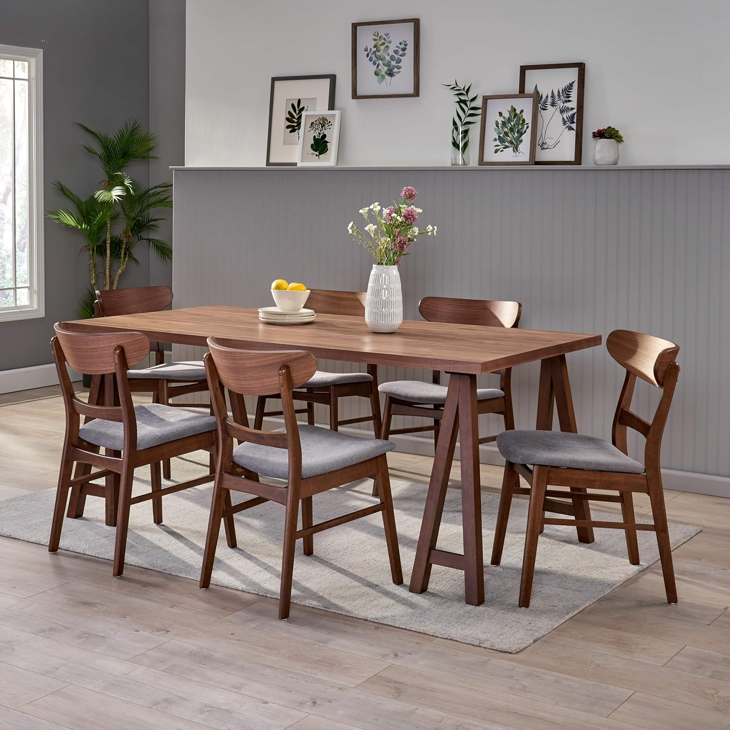 Christopher Knight Home Akeelah Mid-Century Modern 7 Piece Dining Set, Walnut + Dark Gray