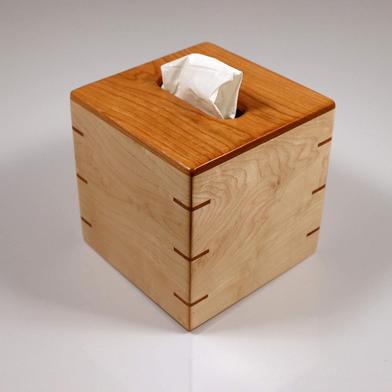 Custom Handmade Tissue Box Cover Holder – Solid Cherrywood/Cherry Top – Solid Maple Sides – Cherrywood/Cherry Splines – Boutique Square Cube Style