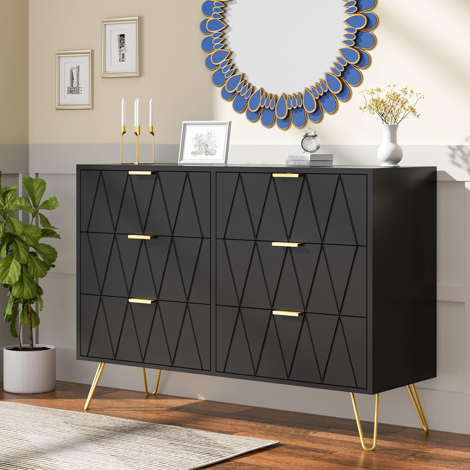 Anbuy Black 6 Drawer Dresser for Bedroom, Large Double Dresser with Wide Drawers and Gold Handles, Modern Chest of Drawers