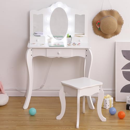 Kids Vanity, Girls Vanity Table with Mirror,Stool,Tri-Folding Mirror& Drawer, 2 in 1 Wooden Princess Makeup Desk Dressing Table, Toddler Vanity,Pretend Play Vanity Set for Kids