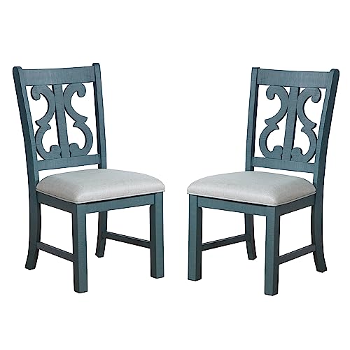 24/7 Shop at Home Clio ransitional Wood Fabric Padded Side Chair, Set of 2 for Dining Room, Kitchen, Antique Light Blue and Oak Brown