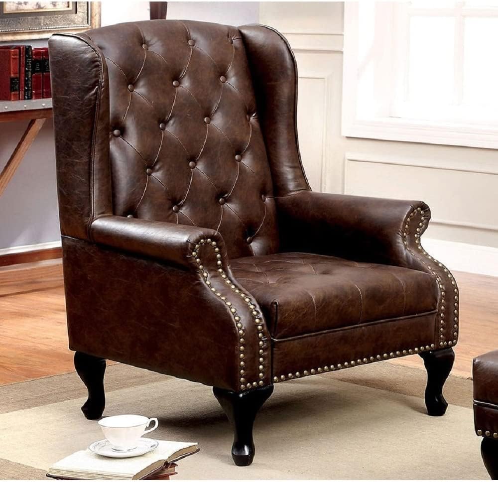Leatherette Accent Chair in Rustic Brown Solid Traditional Leather