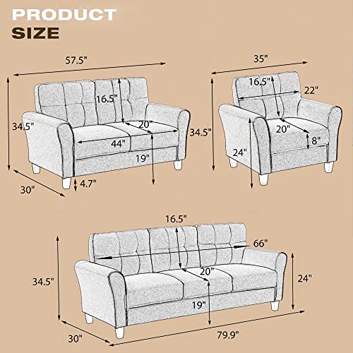 Harper & Bright Designs 2-Piece Living Room Sectional Sofa Set, Modern Style Button Tufted Linen Upholstered Armchair and Loveseat Sofa Sectional Couch Set, Light Grey-Blue