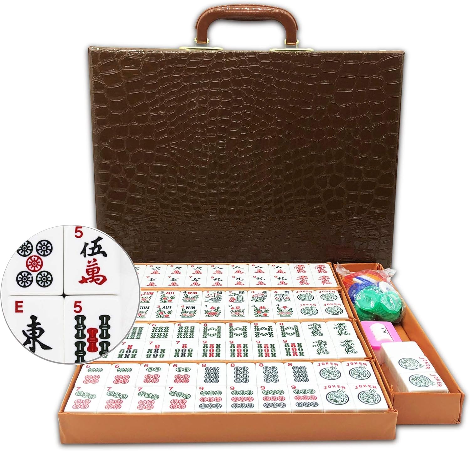 American Mahjong Game Set 166 White Engraved Tiles for Western Mah Jong, Mah jongg Play with Traveler Size Carrying Case, Dices, Chips, Manual,Win indicator. / Racks and Pushers not included