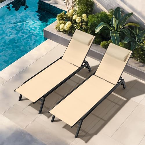 Outdoor Aluminum Lounge Chair -Set of 2 with 5 Position Adjustable Backrest, Textilene Fabric, Two Wheels, Headrest for Pool, Beach, Turquoise