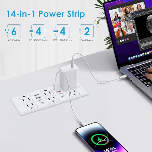 HEZI Recessed Power Strip with PD 30W Fast Charging, Conference Desk Flush Mount Outlets Plug in 6 Outlets & 8 USB Ports,6FT Cord Furniture Drawer Outlet Black