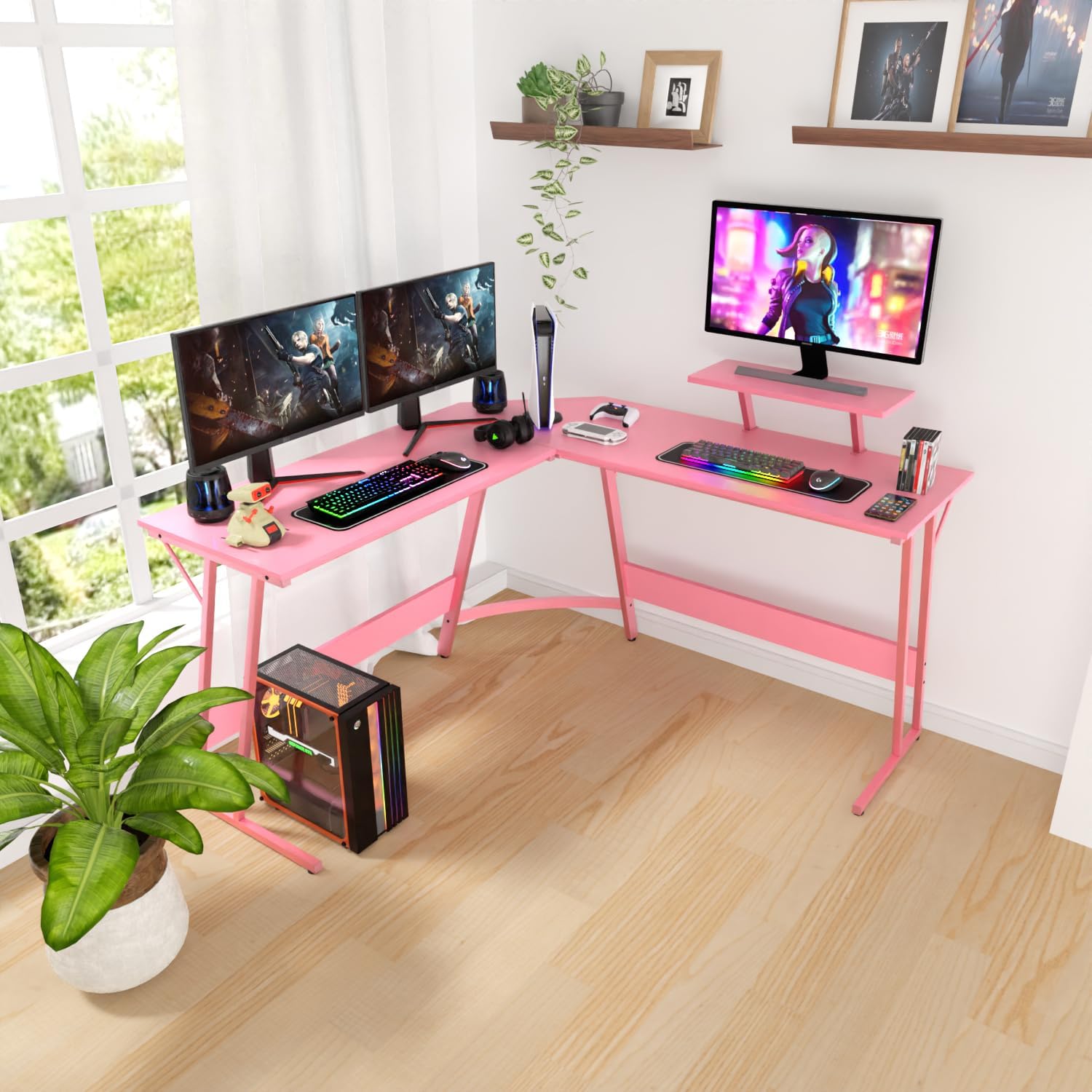 L Shaped Desk 50.4 Inch Corner Desk Gaming Desk Computer Desk with Large Desktop,Monitor Stand,Foot Peg Gaming Table Computer Table Space Saving Easy Assembly for Home,Office,Work,Gaming,Pink