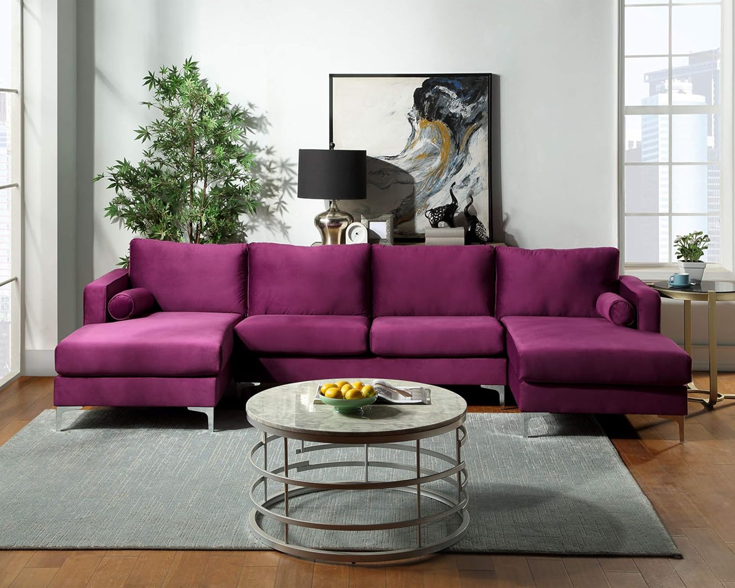 Harper&Bright Designs Sectional Sofa Set, Living Room Furniture Sofa Set, Modern Elegant Velvet Upholstered Couch with 2 Pillows (Purple)
