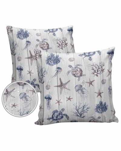 Outdoor Pillow Covers Waterproof, Coastal Sea Turtle Throw Pillowcase Decorative Cover, Summer Beach Starfish Wooden Garden Cushion Case Set of 2 for Sofa, Couch, Tent, Patio, 16