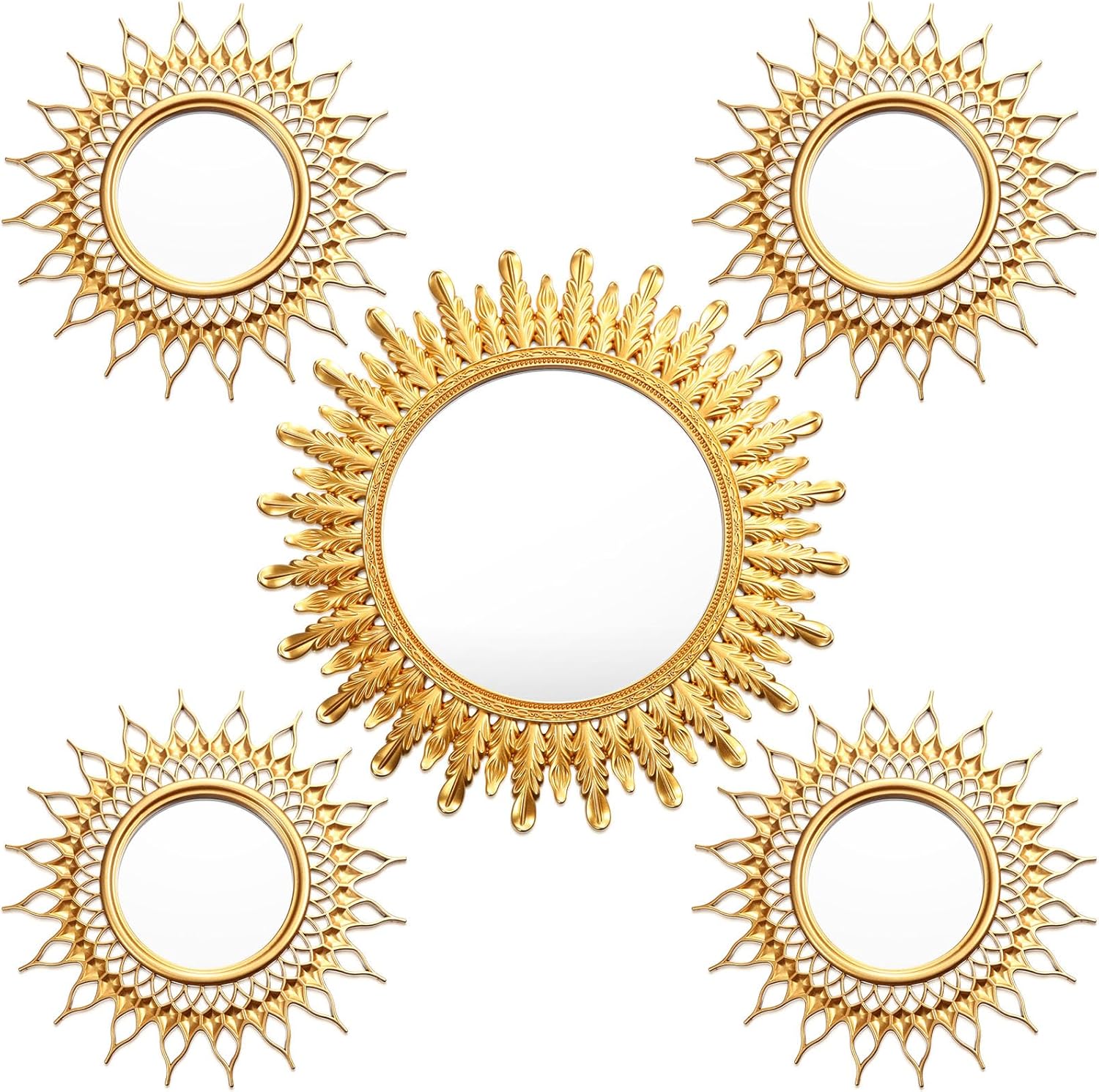 5 Pcs Gold Mirrors for Wall Sunburst Circle Mirrors Vintage Decorative Wall Mirror Round Plastic Mirror Set for Home Entryway Art Living Room Bedroom Hanging Accessories Boho Decor (Classic)