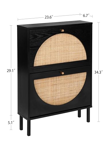 Shoe Storage Cabinet with 2 Flip Drawers & Adjustable Shelves, Slim Entryway Shoe Organizer with Woven Rattan Doors, Freestanding Narrow Shoe Rack for Entryway Hallway Entrance, Black