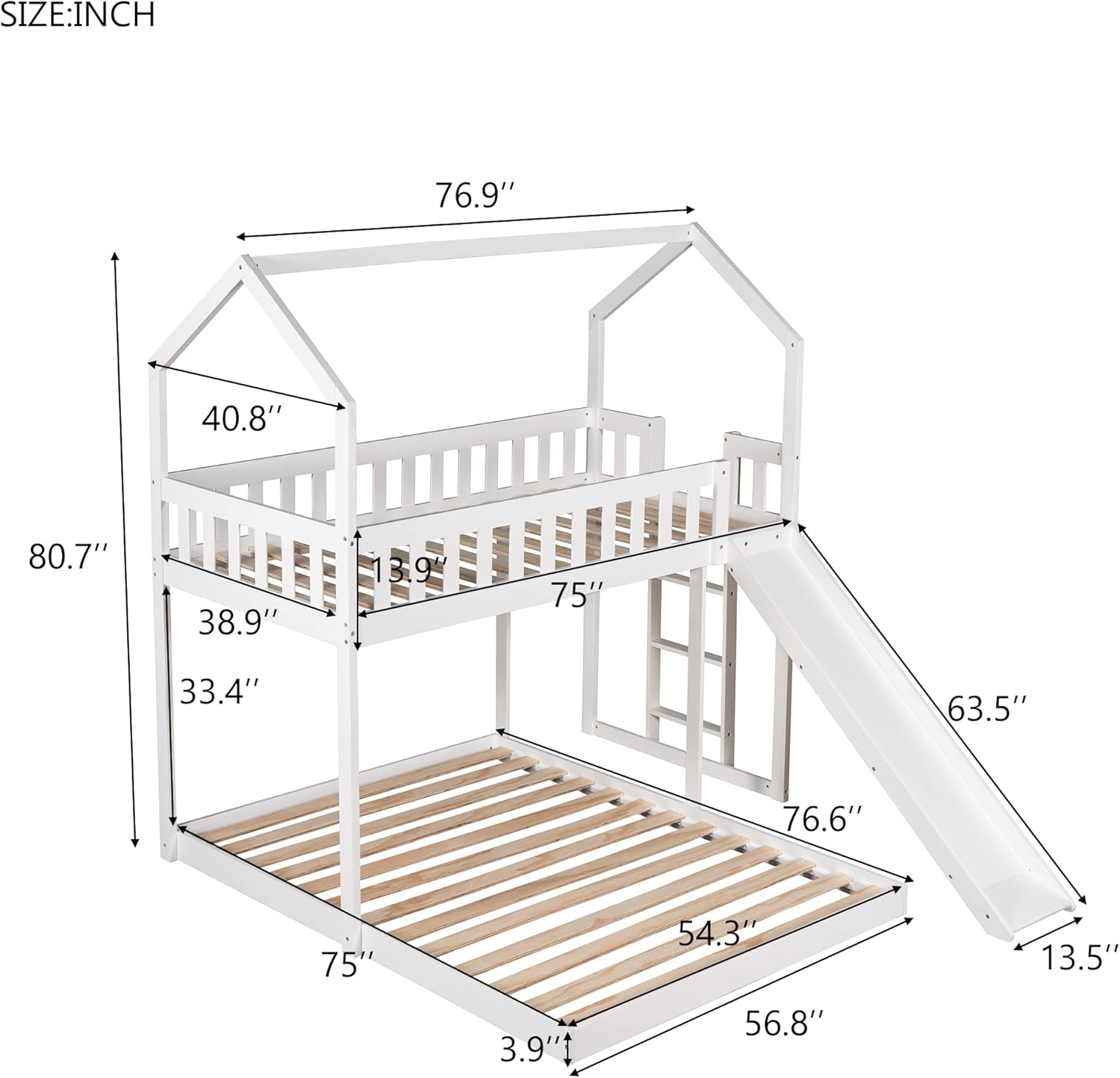 Merax Twin over Full House Bunk Bed with Slide and Built-in Ladder,Full-Length Guardrail,White