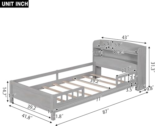 Twin Bed Frame with Storage Headboard and Fence Rails, Wood Low Platform Beds with LED Light and Slat Support for Kids Boys Girls Teens, No Box Spring Needed, Twin Size (Grey)