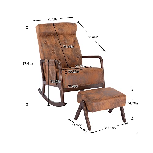 Nursery Rocking Chair with Ottoman, Modern Upholstered Fabric Rocking Armchair with Thick Padded Cushion, High Backrest Accent Glider Rocker Chair for Living Room Bedroom (Beige)