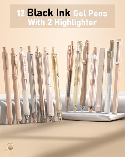 Four Candies 14Pack Pastel Gel Ink Pen Set,Cute Retractable 0.5mm Fine Point Pen,Note Taking Aesthetic Pens,12 Pack Black Ink Pens with 2Pack Highlighter, Smooth Writing Pens for School, Office(Green)