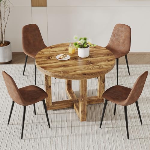 Round Dining Table Set for 4,5 PCS Grey Dining Room Table Set,42” Small Kitchen Table with 4 Chairs,Farmhouse Stone Grain Circle Table Set for Dining Room Dinette