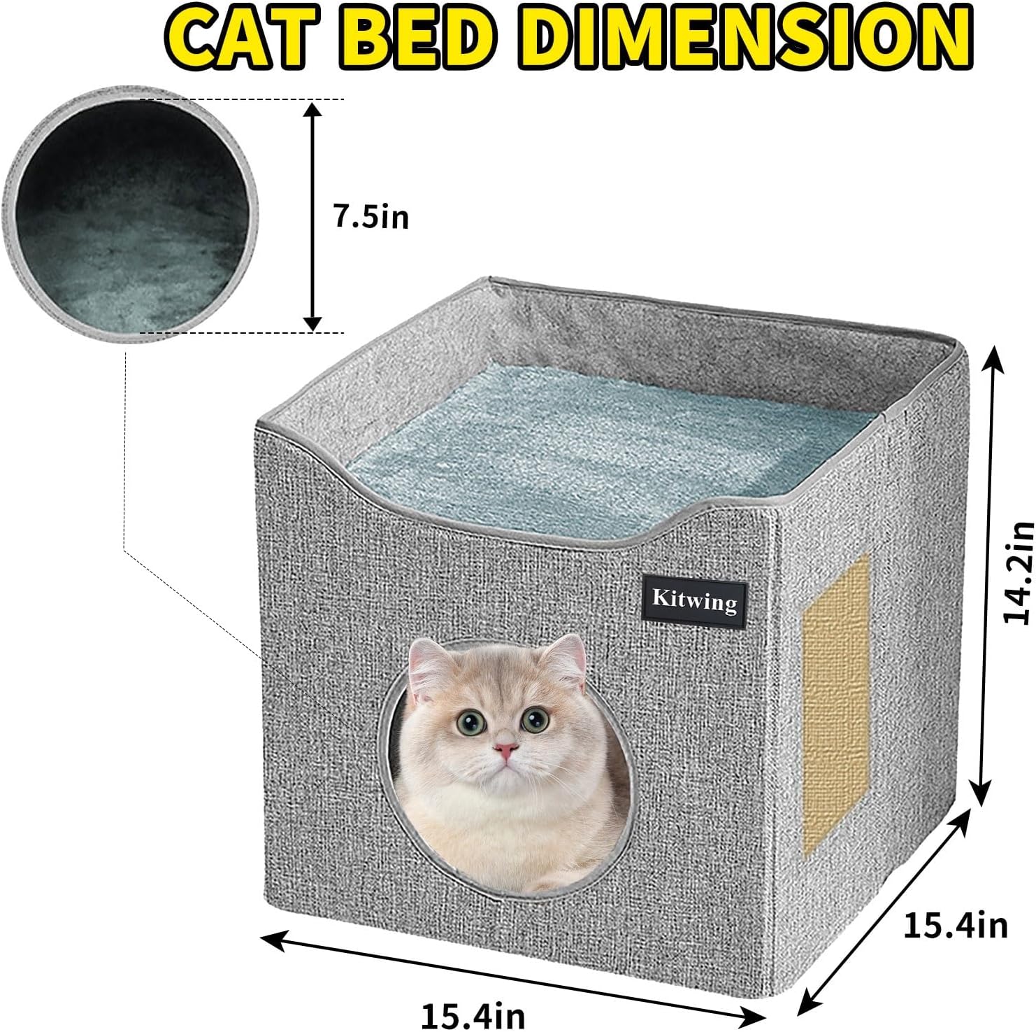 Cat Bed for Indoor Cats, Foldable Cat Hideaway Double Decker Cat House with Scratch Plate, Removable Cat Stuff and Washable Cat Cave for 1-2 Cats, 15.4x15.4x14.2 inches, Grey