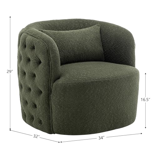 34”W Boucle Fabric Upholstered Swivel Barrel Chair with Pillow Tufted Armchair Round Accent Chair No assembly Sofa Chair for Living Room Bedroom Study (Light Gray)