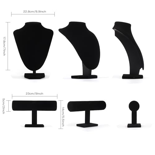 Coobbar Black Velvet Jewelry Display Set - T-Bar & Mannequin Bust, 2-Piece for Necklace & Bracelet Display, Retail Jewelry Organizer, Desk Stand, Boutique Necklace Stand (Black)