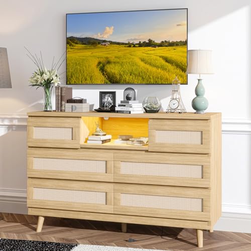 Natural Rattan Dresser for Bedroom with LED Light and Charging Station, 6 Drawer Double Dressers, Modern Wooden Dresser Chest, Beside Table for Closet, Nursery, Living Room, Natural