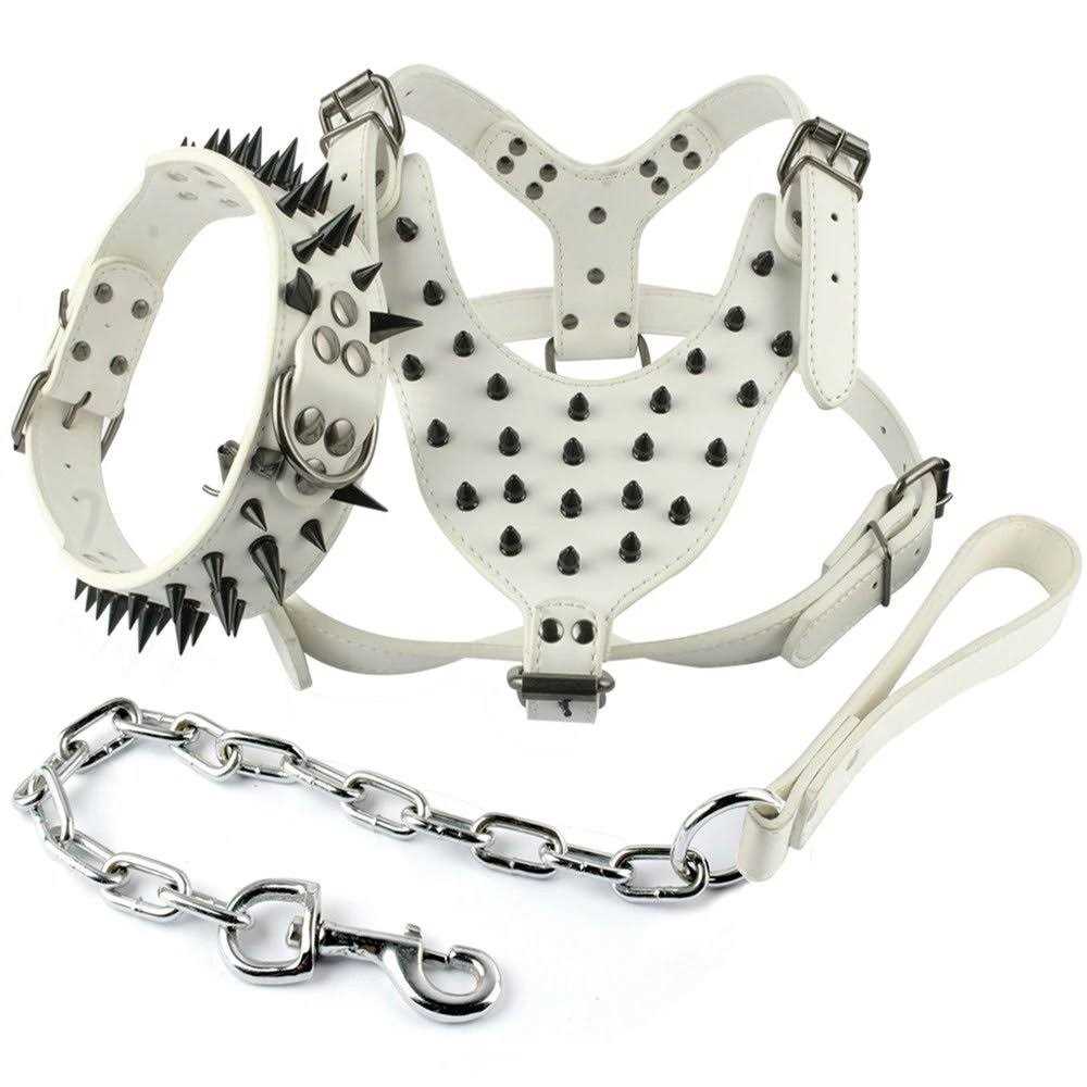 Berry Pet Black Leather Spikes Studded Medium & Large Dog Collar & Leash & Harness 3 Pcs Set for Pitbull Boxer - Pet Supplies online store