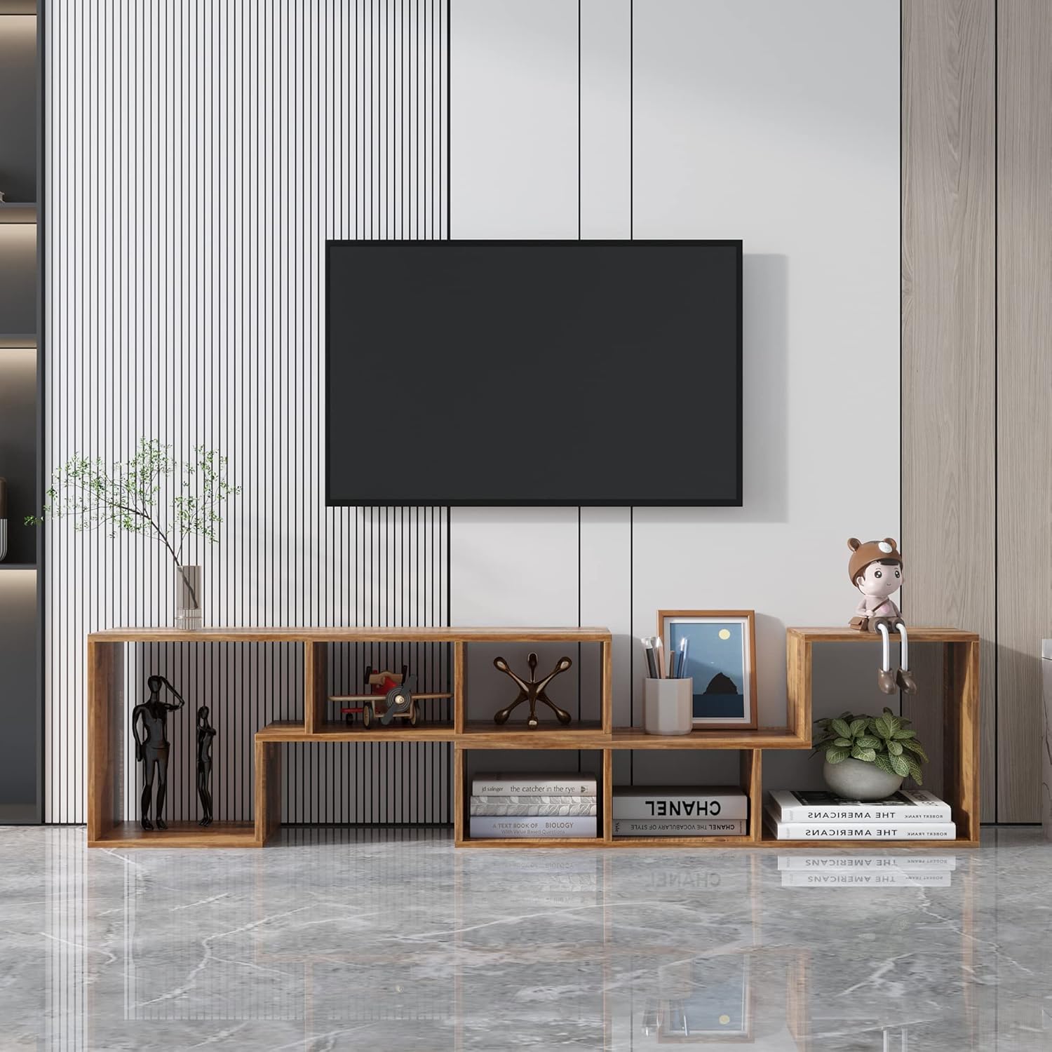 Sleek TV Stand Open Shelves Brown Adjustable L-shape Design & Particle Board Living Room Entertainment Center Console Organizer Table