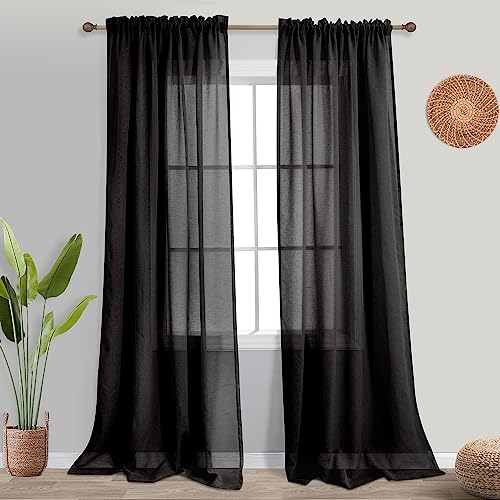 KOUFALL Dark Grey Sheer Curtains 84 Inches Long,Linen Look Rod Pocket Window Curtains for Living Room Bedroom,2 Panels Set,Charcoal Gray