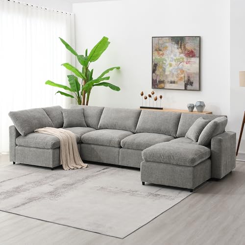 130'' U Shaped Sectional Sofa Couch, Modular Cloud Couch with Ottoman, Oversized 6 Seat Chenille Sofa Sleeper Deep Sofa Set, Comfy Upholstered Couches for Living Room Furniture, Blue