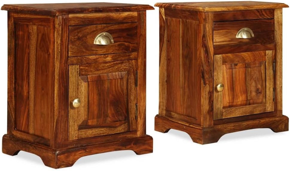 vidaXL Rustic 2pc Bedside Cabinet Set - Sheesham Wood Rectangular Nightstand/Side Table with Storage - Handcrafted Honey Finish Furniture
