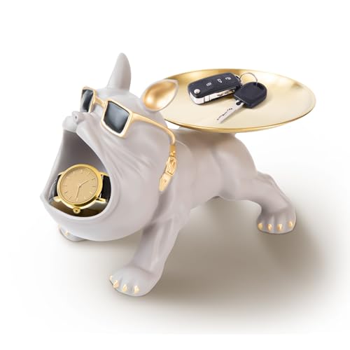 Resin French Bulldog Tray Statue for Home Decor Storage Key Candy Holder Bowl Tray Modern Art Frenchie Animal Sculpture Decor for Dinning Room Entryway Table Office Desk,Grey