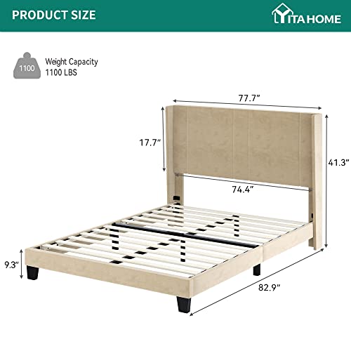 YITAHOME King Size Bed Frame, Platform Bed with Velvet Upholstered Headboard & Wingback Design, Wood Slats Supports, No Box Spring Required, Beige