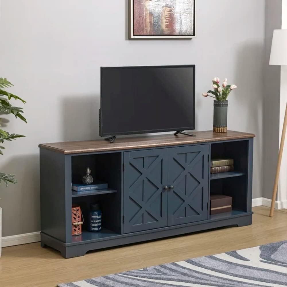 Navy Color Coastal Farmhouse Style Rustic TV Stand 30'' H X 70'' W Size Wood Material Adjustable Shelves Removable Back Panel Spacious Surface | Decorative X-Shaped Detailing Cable Management Cutouts