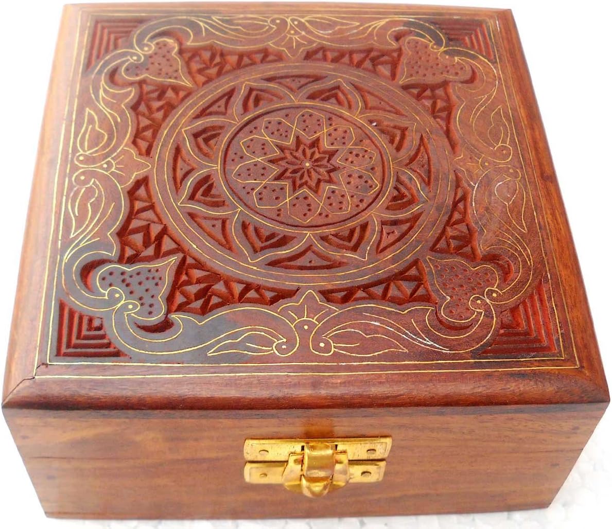 Elegant Design Hand Made Indian Brass Inlay Sheesham Wood Jewelry Box - Size 5
