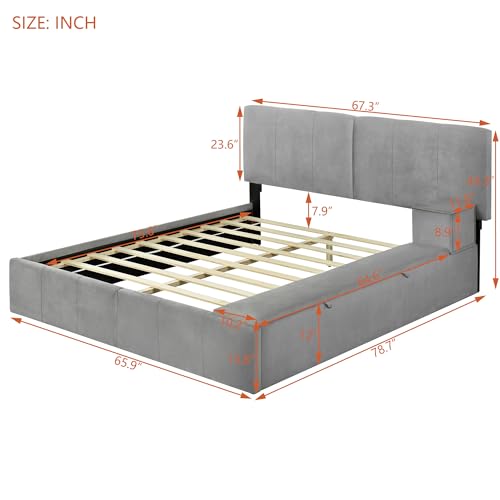 Contemporary Bed Frame - Upholstery Bed Frame with Lateral Storage Compartments and Small Storage Drawer, Storage Bed Frame with Velvet Headboard, Velvet Bed Frame for Bedroom (Beige, Full)