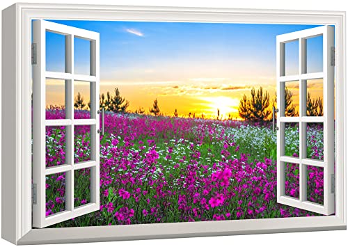 wall26 Canvas Print Wall Art Window View to Sunset Over Pink Flower Field Nature Wilderness Photography Realism Rustic Landscape Colorful Multicolor Ultra for Living Room, Bedroom, Office - 24