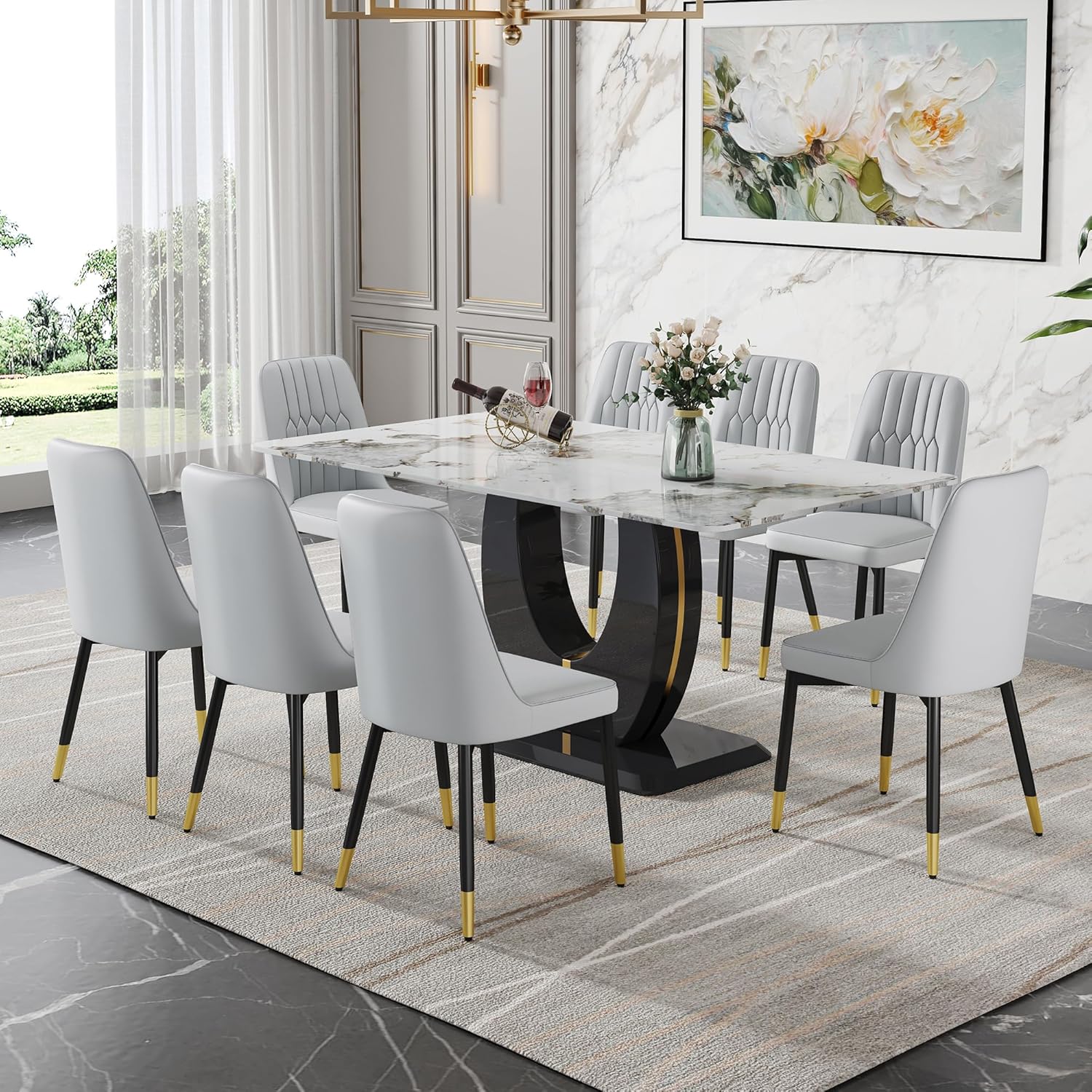 67'' Modern Marble Dining Table Set for 8,9 Piece Rectangle Dining Room Table Set &8 Pu Leather Upholstered Chairs,Big Kitchen Dining Table for 8 with MDF Base