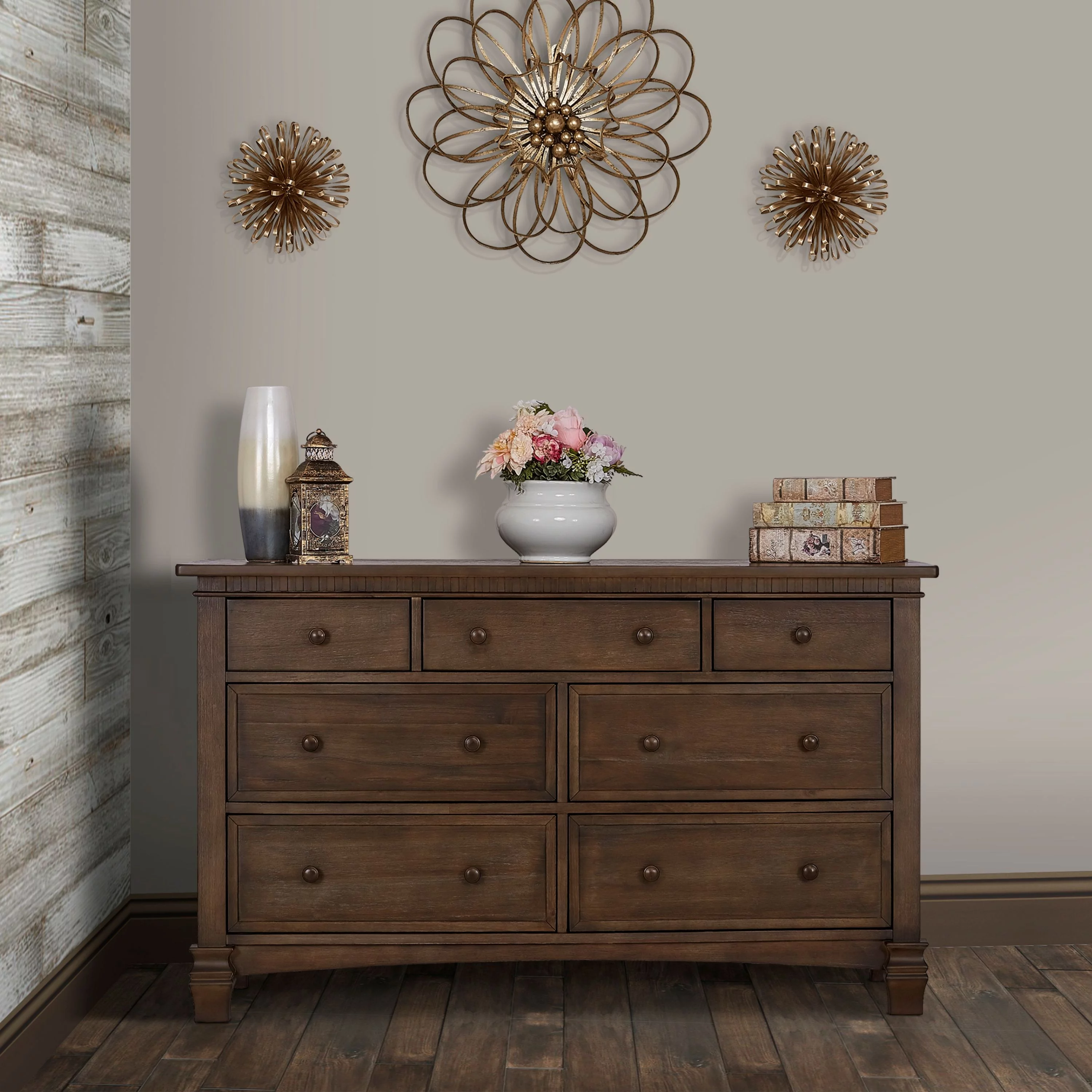 Evolur Cheyenne and Santa Fe Double Dresser, Antique Brown, 7 Drawers