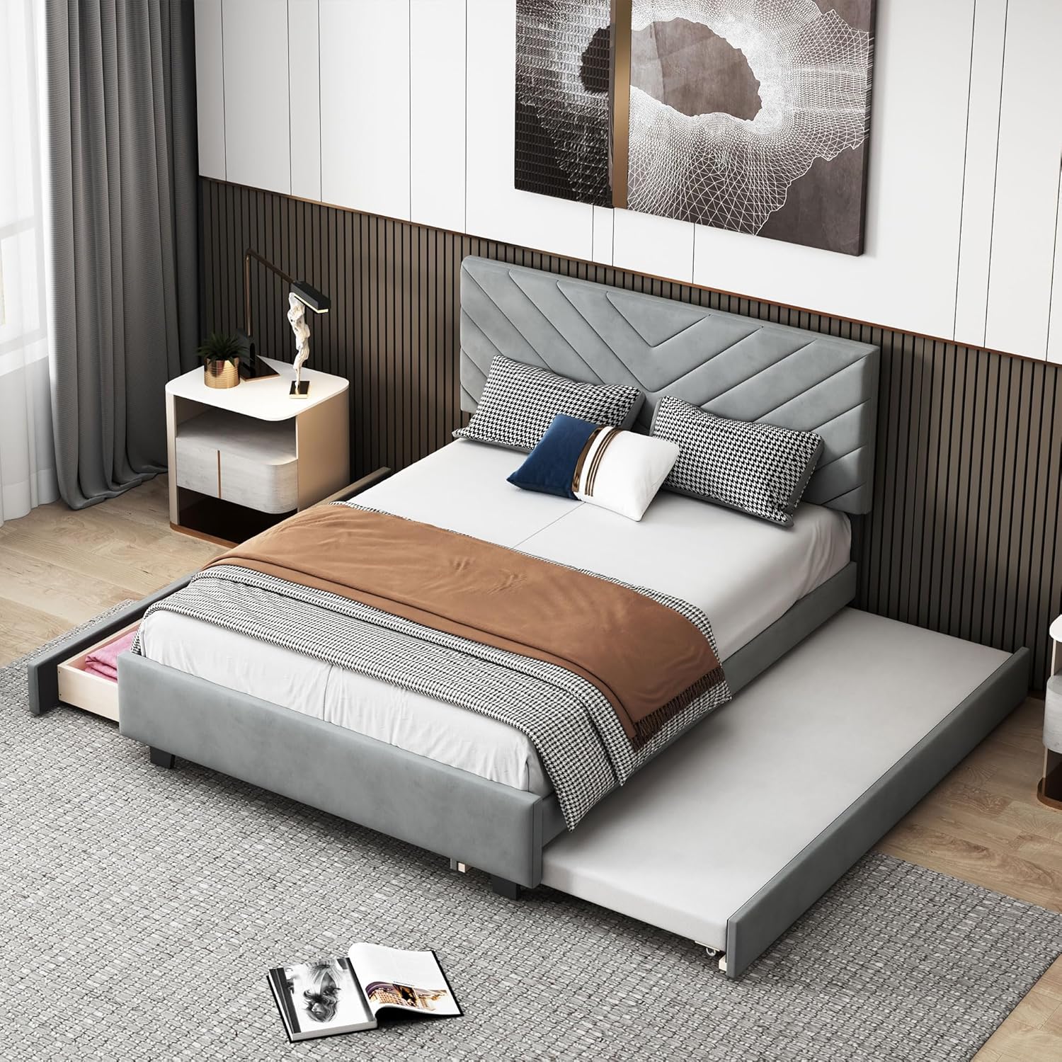 Queen Size Bed Frame with Trundle and 2 Storage Drawers, Queen Flannel Upholstered Platform Bed with Twill Headboard, Wooden Slat Support, Gray