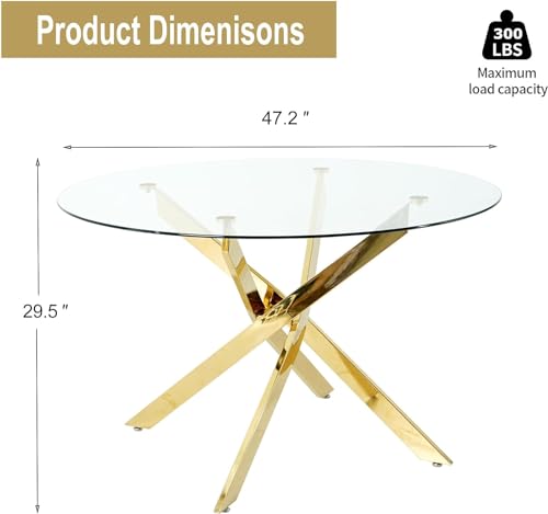 Modern Round Glass Dining Table Set for 6, Kitchen Table Set for 6,Tempered Glass Tabletop & Metal Electroplated Legs, 47