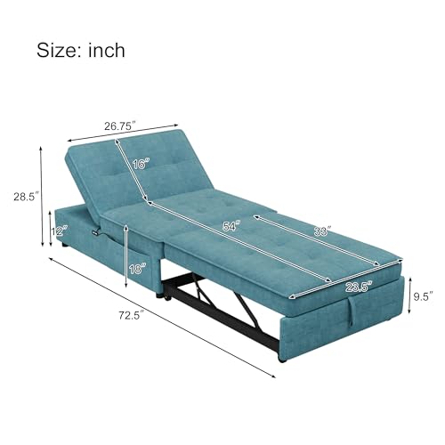 Convertible Sofa Bed with Storage Pocket and USB Ports, Foldable Ottoman Single Sleeper Sofabed, Lounger Sofa Chair for Living Room, Office, Bedroom, Teal