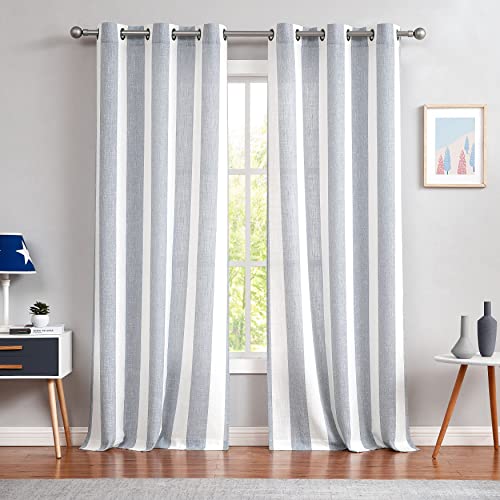 Central Park Gray White Stripe Farmhouse Curtains Semi-Sheer Rayon Blend Heavy Linen Texture Window Curtain Panel 6 Grommets Treatment for Living Room/Bedroom, Set of 2, 44
