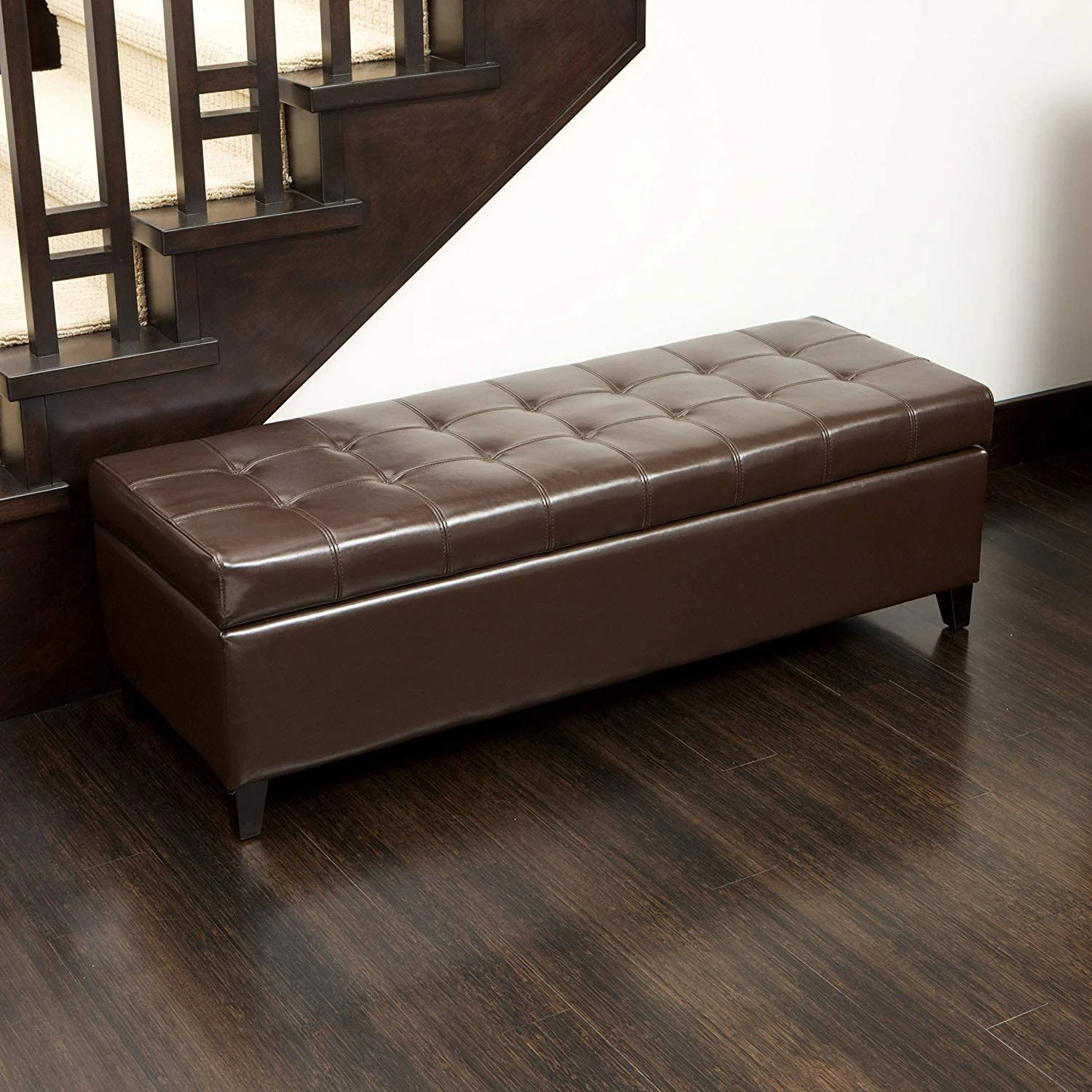 Rectangular Tufted Storage Ottoman Bench Bonded Leather Coffee Table Footstool For Bedroom Living Room (Brown)
