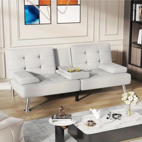 66 Wide Durable Faux Leather Reclining Sofa, Modern Folding Futon Set Faux Leather Convertible Recliner Lounge, with Removable Armrests, Cup Holders (Black)