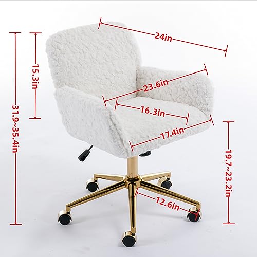INMOZATA Swivel Home Office Desk Chair, Alpaca Fleece Upholstered Office Chair with Gold Base, Swivel Adjustable Computer Vanity Chair for Women Girls Vanity Desk Bedroom Dorm Living Room Beige