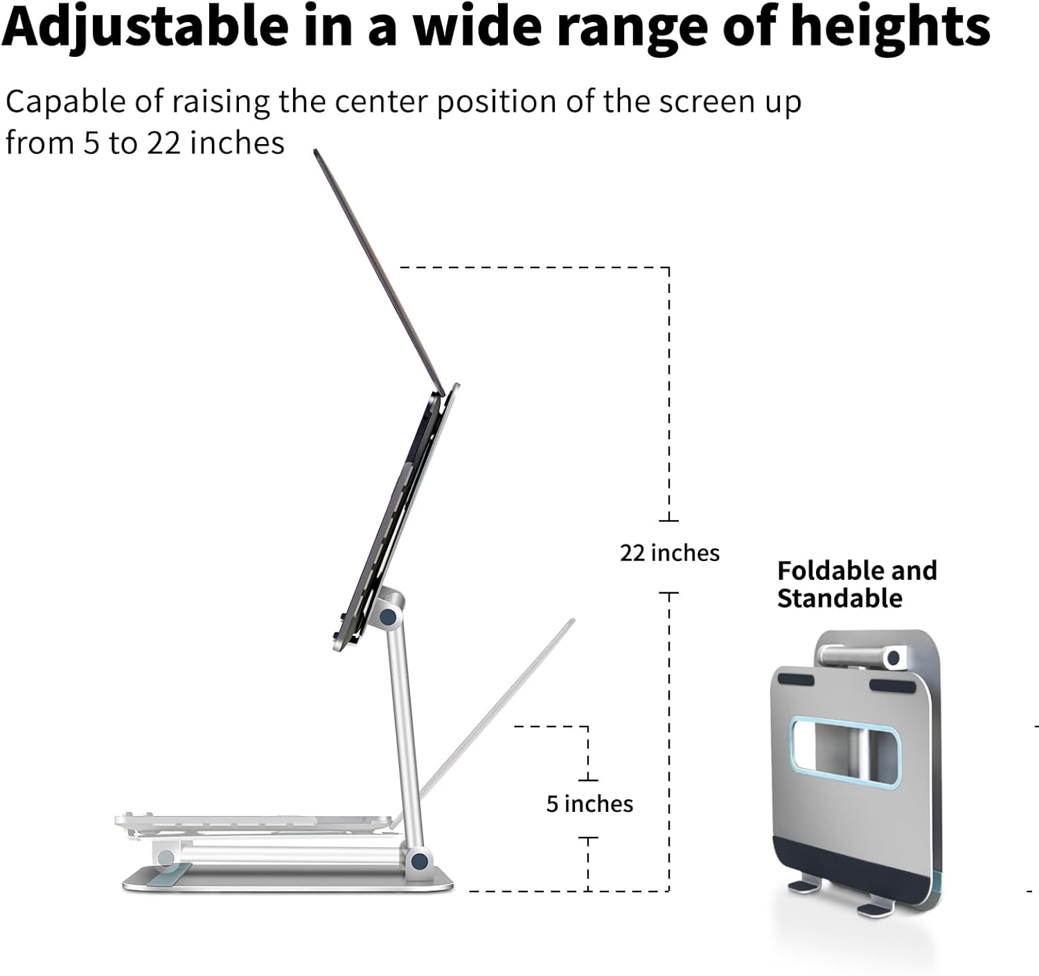 Adjustable Laptop Stand for Desk, Ergonomic Aluminum Foldable Portable Riser, Holder, Mount, for Computer, Notebook, Ipad, Macbook, Dell, Hp, Lenovo, Surface, Samsung, 10 to 17.3”, Silver