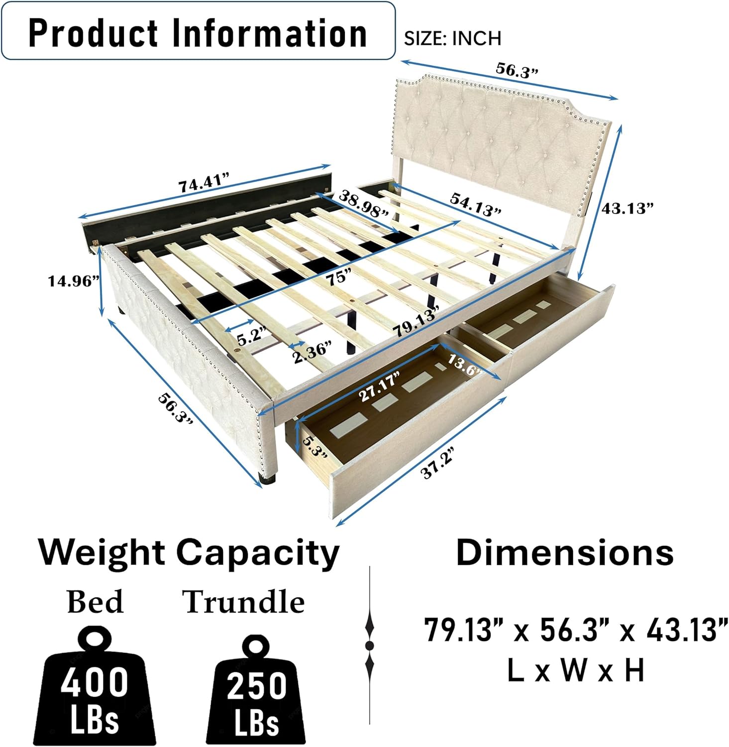 Upholstered Full Size Platform Bed with Trundle & 2 Storage Drawers,Solid Wood Bedframe w/Headboard/Wood Slat Support, Easy to Assemble, No Box Spring Needed, Beige