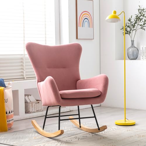 Rocking Chair Nursery Upholstered Accent Chair with High Backrest Solid Wood Legs Comfortable Glider Chair Stylish Reading Chair for Living Room, Nursery, Bedroom Rocking Chair Indoor (1, Pink)
