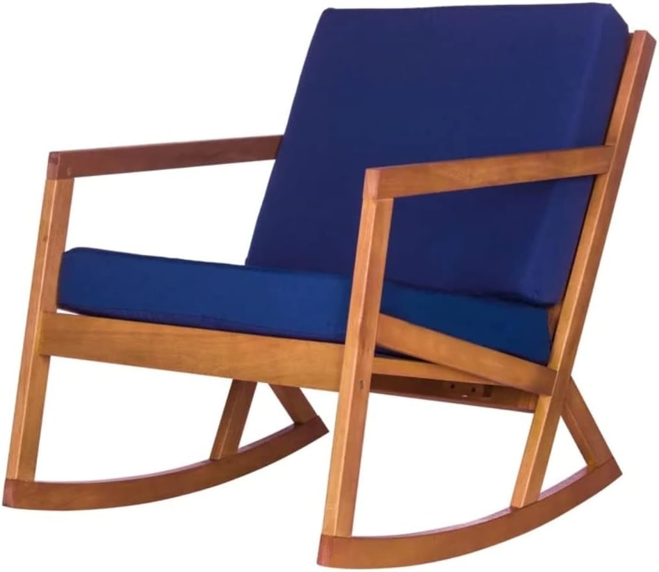 Modern Style Outdoor Patio Rocking Chairs in Solid Wood with Highly Comfortable Cushions | Curved Rocker Base & Straight Armrests | Natural Frame & Soft Rectangle Seat & Back Blue Cushion with Ties