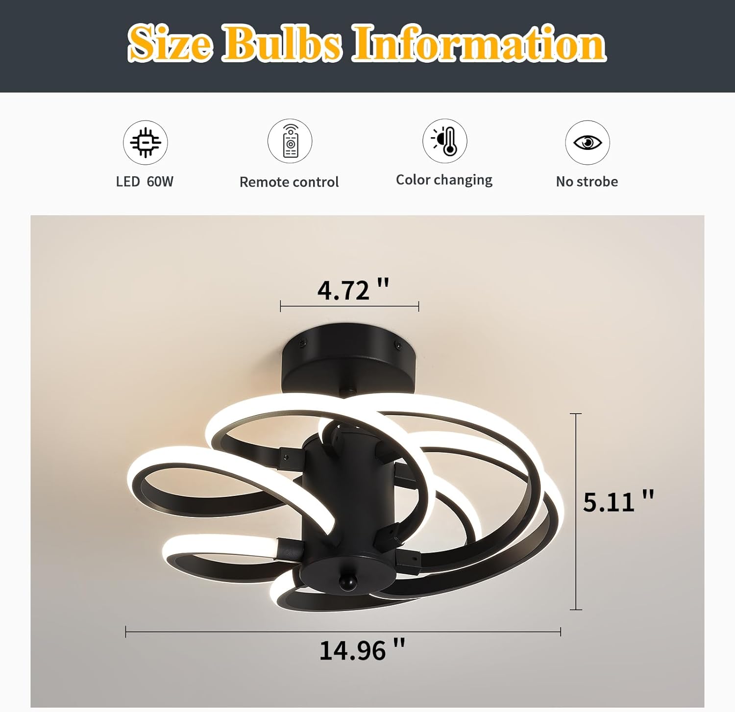 Black LED Ceiling Light Modern Semi Flush Mount Ceiling Light Fixture 60W Dimmable with Remote Control Chandelier for Kitchen Farmhouse Island Dining Room Living Room Bedroom.