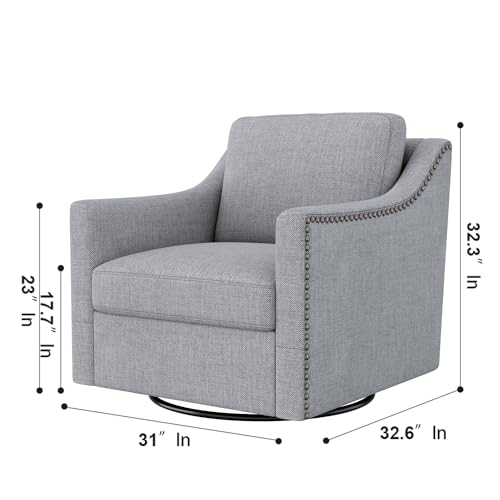 Cotton Linen Fabric Upholstered 360° Swivel Accent Chair Armchair with Rivets，Square Club Sofa Rocking Chair with Metal Base, Barrel Chairs for Bedroom Living Room Office (white)